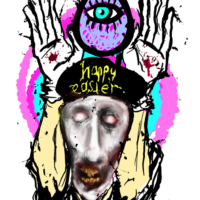 A terrifying depiction of a demon-faced mime holding his long-fingered hands up to mimic bunny ears