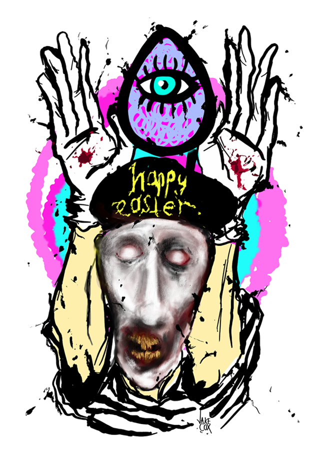 A terrifying depiction of a demon-faced mime holding his long-fingered hands up to mimic bunny ears