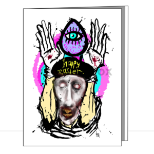 A terrifying depiction of a demon-faced mime holding his long-fingered hands up to mimic bunny ears