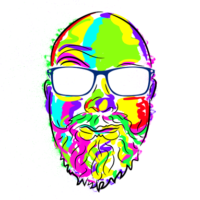 A line drawing of Jake, filled with lots of different colour paint to create a psychedelic portrait