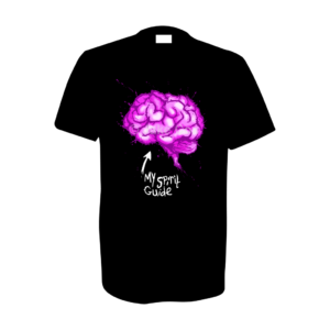 A splattered effect illustration of a human brain with an arrow pointing to it that says 'my spirit guide'
