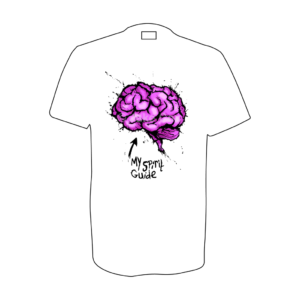 A splattered effect illustration of a human brain with an arrow pointing to it that says 'my spirit guide'