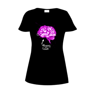 A splattered effect illustration of a human brain with an arrow pointing to it that says 'my spirit guide'